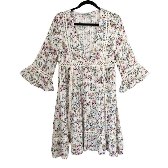 Olivaceous Lightweight Bell Sleeve A-Line Flora  Cottagecore  Dress Size Small - Picture 1 of 11
